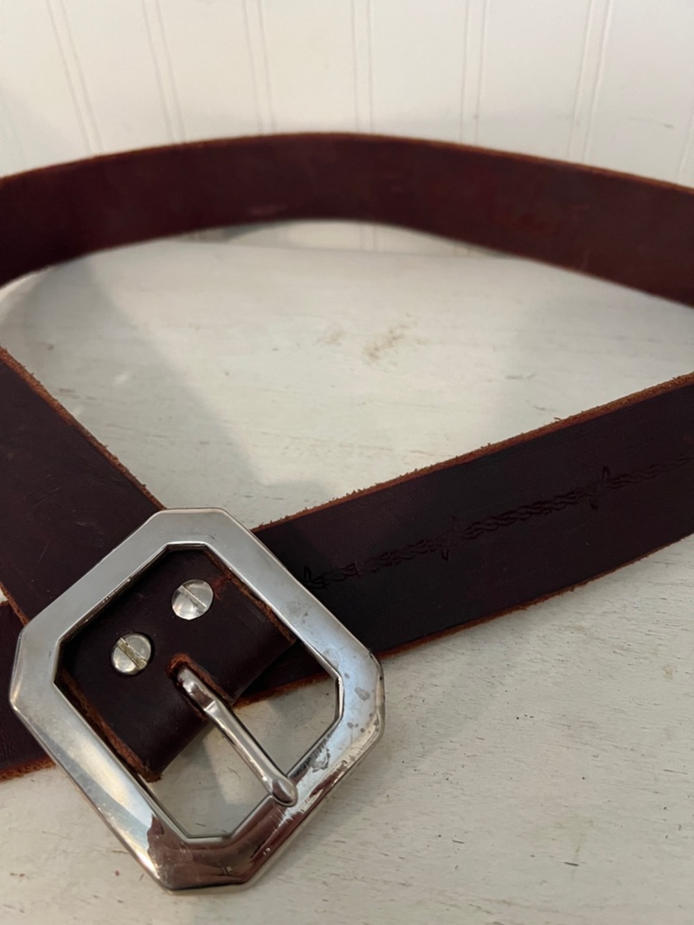 Handmade Wide barbed wire tooled leather western belt 38.5” - 43” x 1.75”